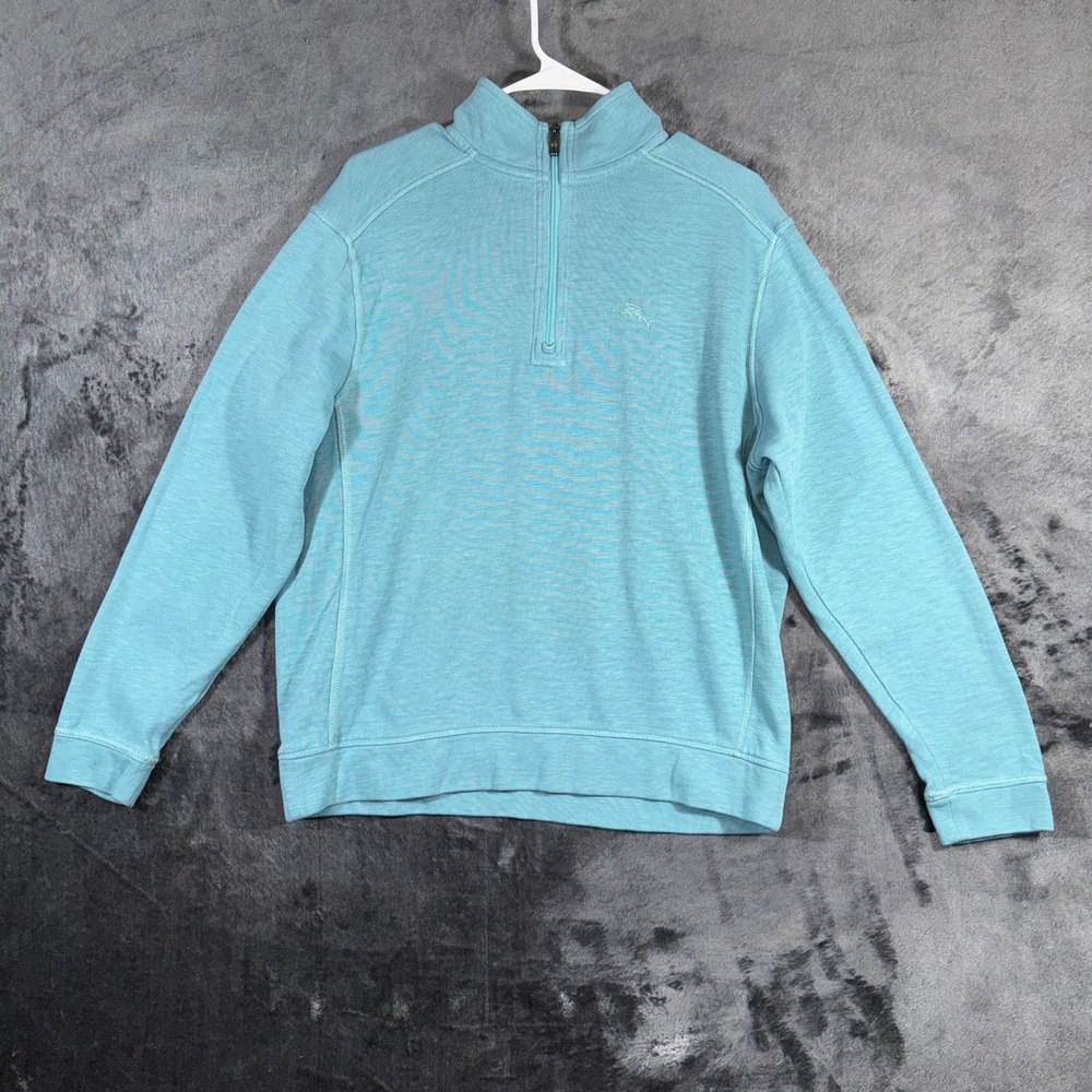 Tommy Bahama Mens Aqua Blue Quarter Zip Ribbed Knit Pullover Sweater Small
